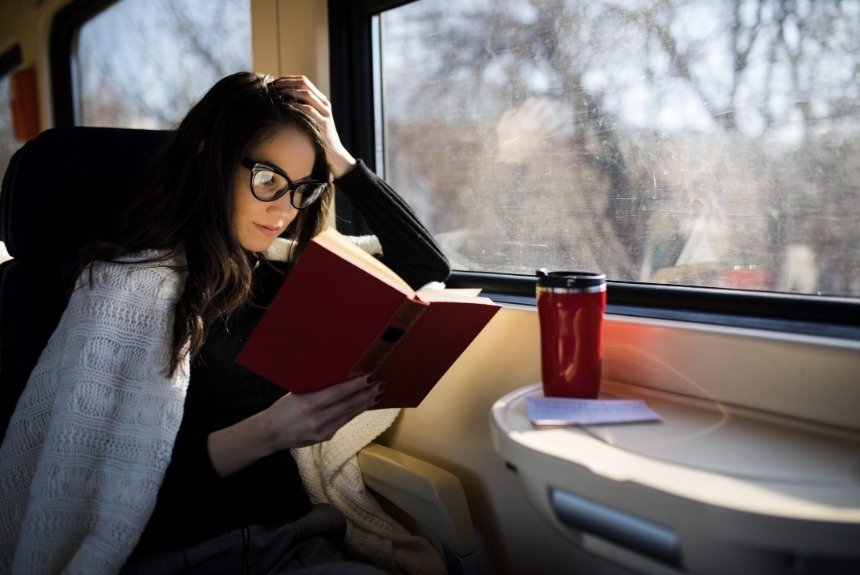 Девушка в поезде с книгой 